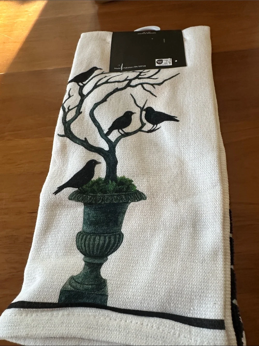 Sur La Table Halloween Cotton Kitchen Towel with Black Bird & Tree Print